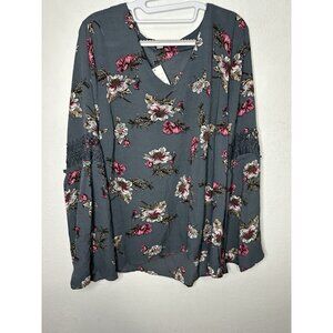 Valerie Stevens Gray Floral Long Sleeve Blouse Shirt Size XL